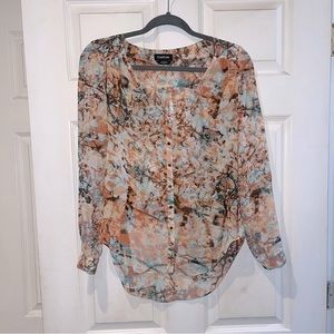 Bebe splatter abstract sheer blouse with gold buttons colors peach& aqua size xs